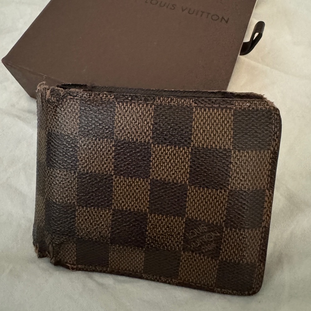 authentic Louis Vuitton Bifold Wallet Brown Coated Canvas Damier Ebene